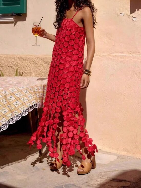 MODA ME COUTURE Dresses & Skirts - Red Sexy Women's Beach Slip Dress with Strap and 3D Circular Disc Fringe Hem
